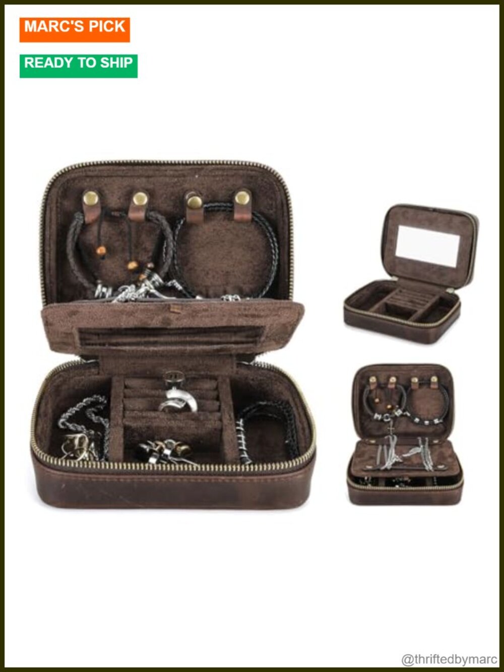 Full Grain Leather Jewelry Box Men Travel Organizer Zipper Case